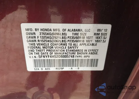 2013 Honda Pilot Ex-L z USA, uszkodzony, nr VIN 5FNYF4H52DB005748